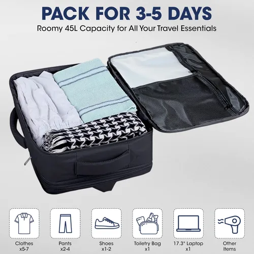 Vista 2 de Mochila de viaje, 40L 50L Mochila de transporte grande expandible aprobada Negro