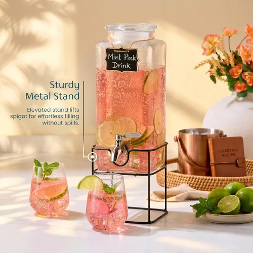 Vista 2 de Kook Glass Drink Dispenser, with Stand, 1 Gallon, Serves 15 Cups, Leak-Proof Stainless Steel Spigot, Beverage Storage for Fridge, for Water, Iced