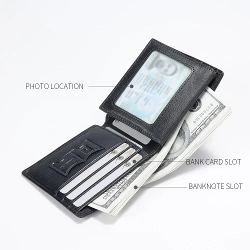 Vista 41 de Billetera de piel triple con bloqueo RFID para hombre con 2 ventanas de identificación, 2 compartimentos para efectivo, 6-8 ranuras para tarjetas