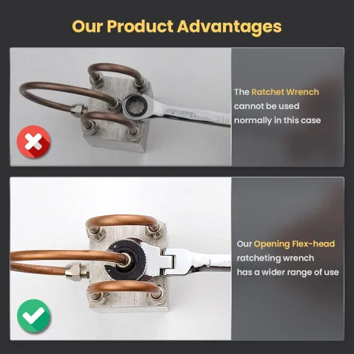 Vista 2 de Llave combinada de trinquete con cabezal flexible abierto, juego de 6 llaves de trinquete SAE con cabezal flexible de 180°, 72 engranajes de acero