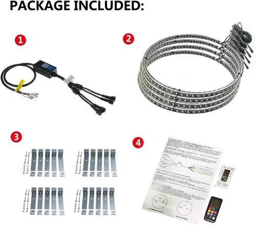 Vista 6 de Kit de 4 luces LED RGB de 14 pulgadas para anillo de rueda, control Bluetooth, señal de giro y función de frenado, se puede controlar por control