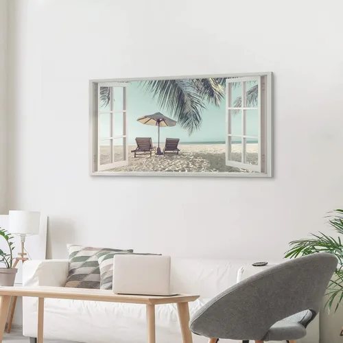 Vista 5 de Lienzo de playa para pared, dormitorio: gran sala de estar, vista de ventana, paisaje costero tropical, impresión de imagen, relajante, hogar