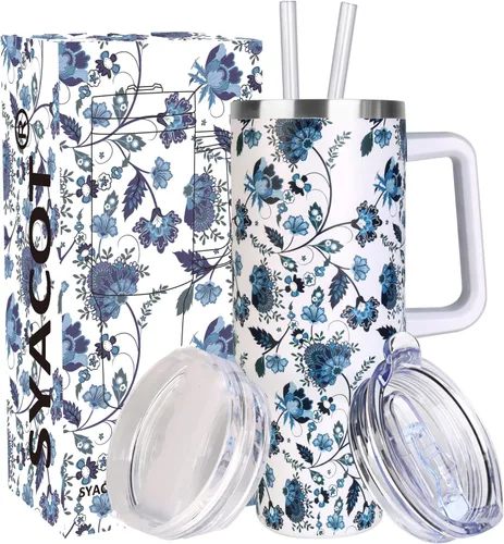 Vista 13 de SYACOT Vaso de 40 onzas con asa y pajita, vaso aislado de acero inoxidable, tapa a prueba de fugas y tapa con pajilla, taza de café de viaje