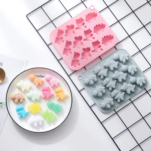 Vista 8 de Paquete de 2 moldes de silicona de dinosaurio con 12 cavidades 3D con temática de dinosaurios para hornear, herramienta de horneado para pastel