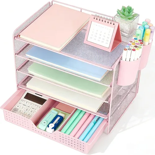 Vista 10 de LEKETREE Organizador de escritorio y accesorios, organizador de bandejas de papel de 5 niveles con cajón y 2 soportes para bolígrafos