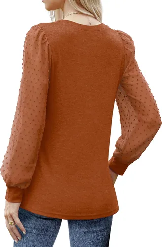 Vista 5 de WIHOLL Camisas de manga larga para mujer, túnica de otoño, ropa de cuello redondo a la moda A-caramelo naranja