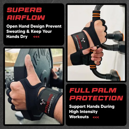 Vista 6 de FITNESS FORCE Ventilated Weight Lifting Workout Gloves for Men & Women Gym Gloves for Men & Women with Built-in Wrist Wraps for Men, Exercise
