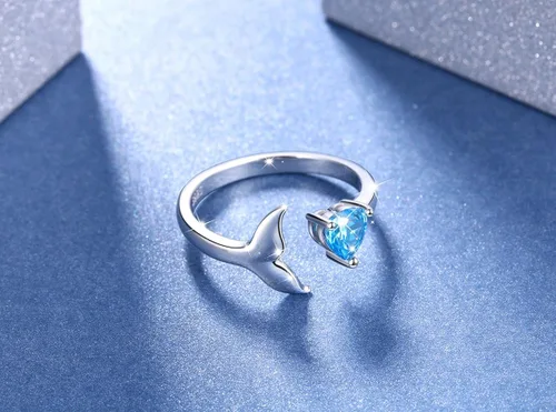 Vista 3 de S925 Sterling Sliver Dolphin Mermaid Tail Ring Love Heart Blue Cubic Zirconia Open Ring,7#