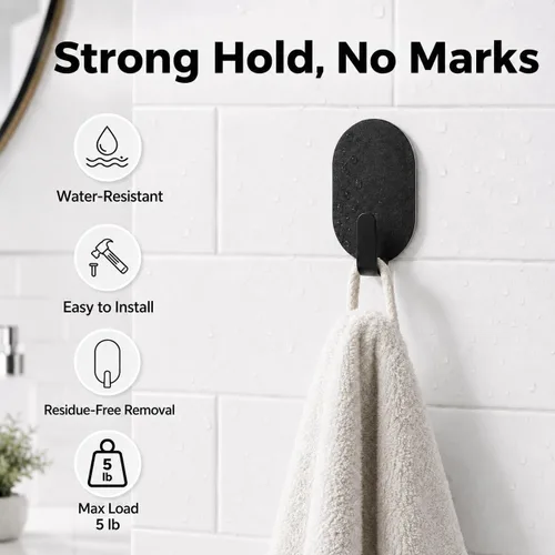 Vista 5 de Ganchos adhesivos de pared para colgar, paquete de 12 unidades, instalación sin taladro, ganchos extraíbles de acero inoxidable para baño, cocina