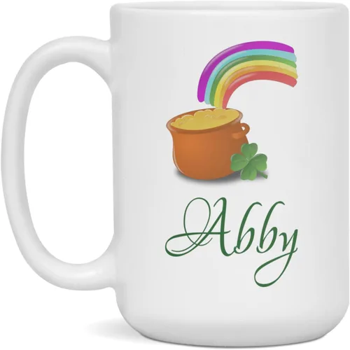 Vista 3 de Abby Personalized Shamrock St Patrick's Day Pot of Gold Rainbow Mug, 11-Ounce White