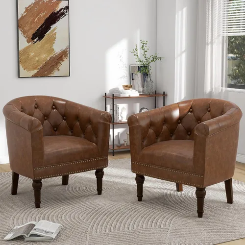 Vista 31 de Pia Ricco Silla de Acento Tipo Barril de Cuero Sintético, Silla de Club Moderna con Brazos, Cómoda Silla Individual Tapizada con Patas de Madera