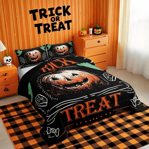 Vista 37 de Feelyou Juego de edredón de calabaza para todas las estaciones, decoración de Halloween, juego de ropa de cama con 1 funda de almohada, microfibra