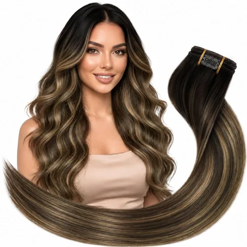 Vista 14 de Ve Sunny Extensiones de cabello humano real con clip balayage, color marrón castaño degradado a rubio, 12 pulgadas, 5 unidades, 2.82 onzas