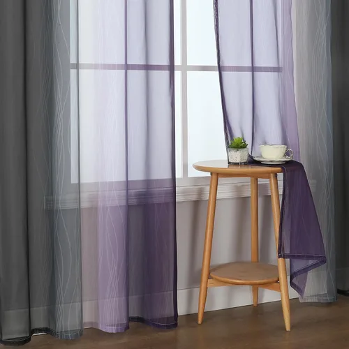 Vista 4 de Cortinas transparentes degradadas negras y moradas para sala de estar, 52 Negro y morado