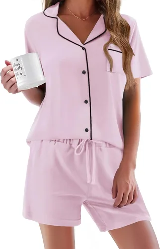 Vista 16 de Ekouaer - Conjunto de pijamas de manga corta para mujer, con botones, suave, 2 piezas, conjuntos de descanso, tallas XS-XXXL Verde Aqua