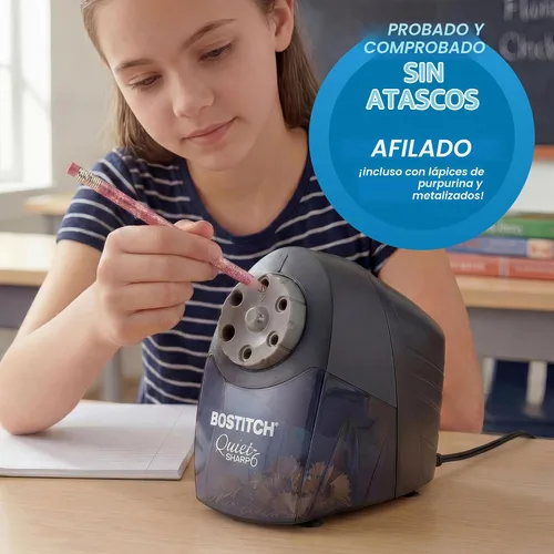Vista 9 de Bostitch Office QuietSharp 6 sacapuntas eléctrico, sacapuntas de aula resistente, selector de tamaño con 6 tamaños diferentes, para lápices