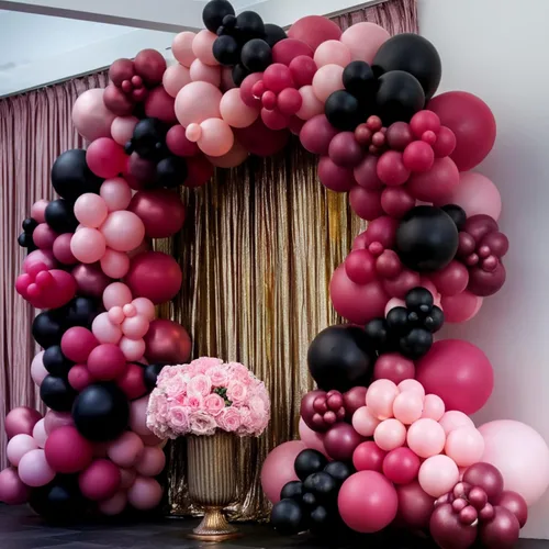 Vista 7 de Globos rosados y negros, 60 piezas de 12 pulgadas, color rosa intenso, rosa claro, negro, confeti, globos metálicos rosados para fiesta temática