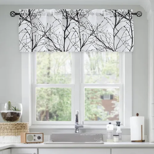 Vista 9 de FMFUNCTEX Cortinas de cenefa de ventana con estampado de ramas de árbol negro, cenefa corta semitransparente blanca para cocina, baño, bolsillo