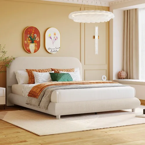 Vista 24 de Cama de Plataforma Tapizada con Forma Curva con Cabecera de Forma Curva, Marco de Cama de Madera Tamaño Full para Dormitorio de Niños y Adultos