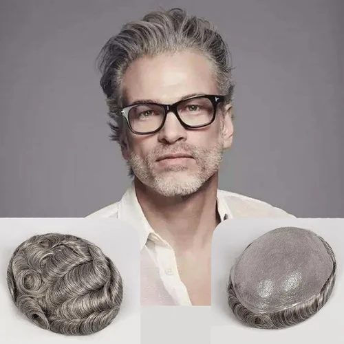 Vista 10 de Toupee para hombres, cabello humano para hombre, piezas de cabello de 0.002 in, piel suave y fina, un solo nudo, natural, ondulado, sistema