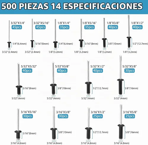 Vista 4 de SATANTECH 500 piezas de remaches negros, kit surtido de remaches emergentes, 14 tamaños SAE de remaches de aluminio (3/32" 1/8" 5/32" 3/16")