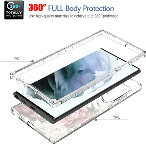 Vista 3 de Funda para Galaxy S22 Ultra 5G SM-S908U con protector de pantalla de vidrio templado, bonito patrón floral transparente, funda protectora de cuerpo