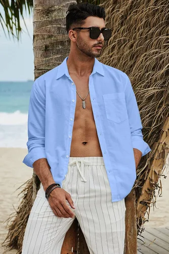 Vista 5 de JMIERR Camisa casual de algodón y lino con botones para hombre