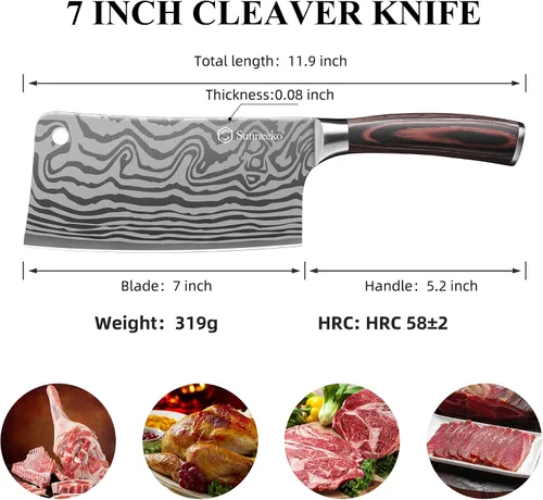 Vista 5 de Sunnecko Cuchillo de carnicero de 7 pulgadas, cuchillo chino de acero inoxidable de alto carbono con mango de madera, cuchilla afilada para carne