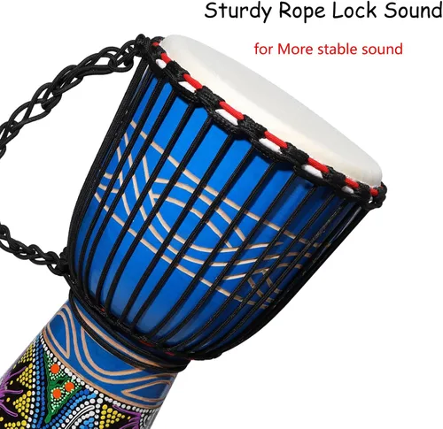 Vista 5 de LIEKE Djembe - Tambor africano de 10 x 20 pulgadas, cabeza de cabra caoba, pintado a mano, patrón pintado a mano, para adultos principiantes (azul)