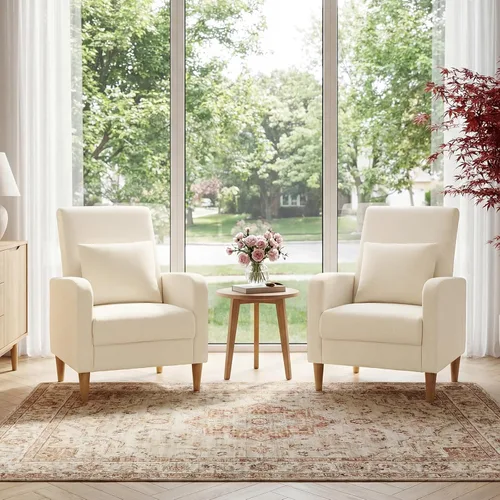 Vista 10 de COLAMY Silla decorativa moderna Mid-Century tapizada de tela con almohada trasera y patas de madera maciza, cómodo sillón para sala de estar Beige