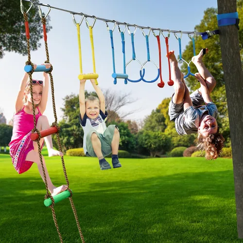 Vista 6 de Ninja Warrior - Carrera de obstáculos para niños, kit de línea floja de 2 x 56 pies con 10 accesorios ninja, barra de mono, escalera de cuerda
