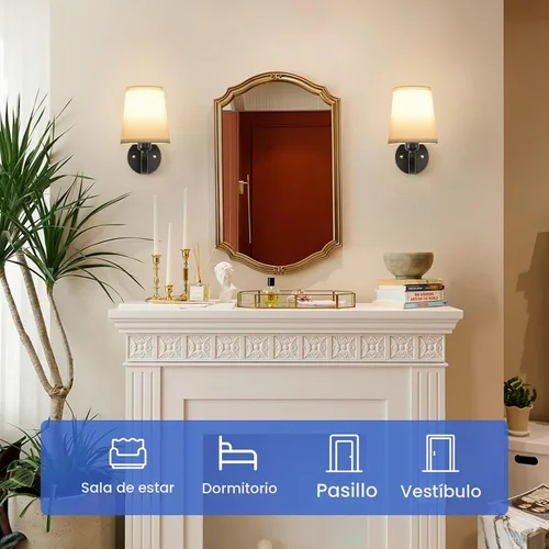 Vista 3 de Juego de 2 Apliques de Pared, Lámparas de Pared Modernas para Dormitorio, Apliques Luminaria de Pared con Pantalla de Tela Beige, Lámparas de Pared