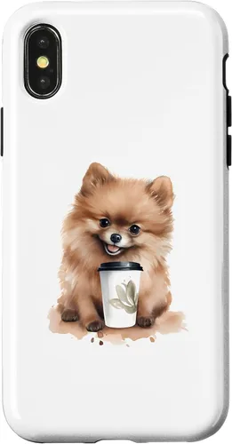 Vista 5 de iPhone 16 Pomerania perro con café estilo acuarela caso