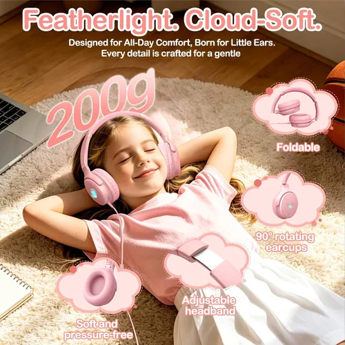 Vista 6 de Auriculares para niños con cable con micrófono HD, auriculares USB C Rosa
