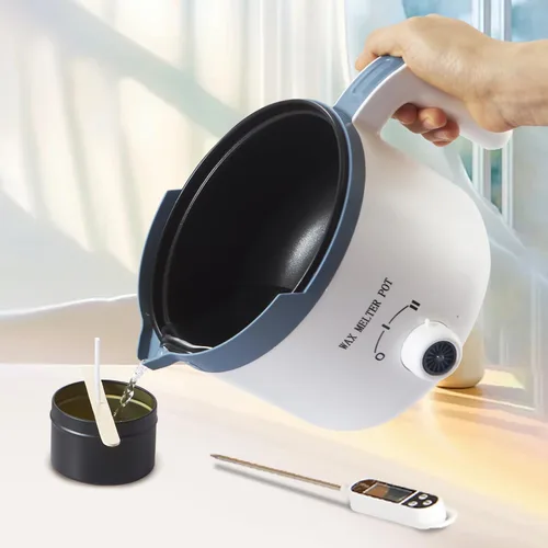 Vista 6 de KQU - Olla de cera con termómetro, derretidor eléctrico de cera para hacer velas con boquilla de 1.5 cuartos de galón, juego de olla doble pequeña