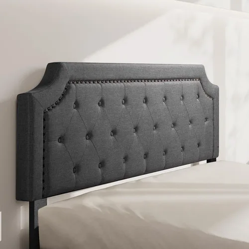 Vista 5 de BONSOIR Base de cama tapizada de color gris de tamaño matrimonial, con plataforma tradicional tapizada de perfil bajo con cabecera copetuda