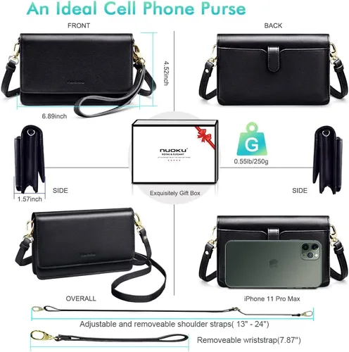 Vista 5 de nuoku Bolso cruzado pequeño para mujer con ranuras para tarjetas RFID, 2 correas
