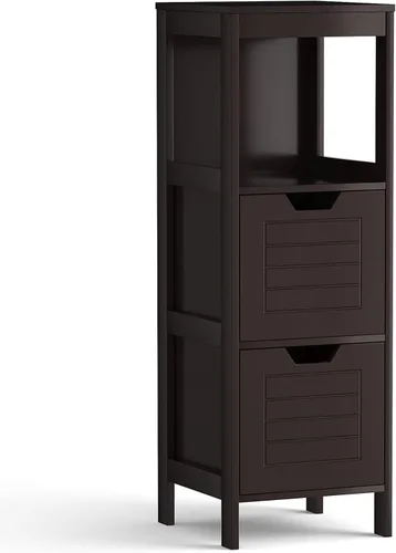 Vista 10 de Tangkula Armario de suelo de baño, torre de almacenamiento de madera estrecha con 2 cajones conmutables, almacenamiento lateral multifuncional