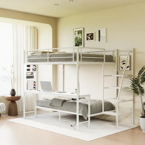 Vista 15 de KEIKI Litera Full sobre Twin con Estación de Carga, Cama Alta de Metal con Escritorio & Protector de Seguridad & Escaleras, Marco de Cama de Metal