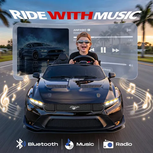 Vista 6 de ANPABO Ford Mustang 24V 2 plazas con licencia para niños de 3 a 8 años Negro