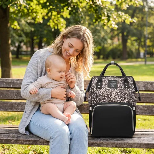 Vista 7 de Bolsa de pañales con estampado de leopardo, mochila multifunción para el cuidado del bebé, bolsa de viaje impermeable para mamá, color marrón