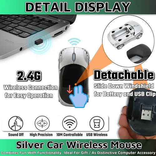 Vista 2 de Mouse inalámbrico para coche, 2.4G inalámbrico con receptor USB, mouse óptico para PC, portátil, tableta, Win XPVista7ME2000Mac OS (plateado)