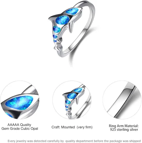 Vista 2 de Anillo de tiburón Bamos de 14 quilates chapado en oro blanco anillo de peces montado con ópalo para mujeres niñas hombres niños niños anillo