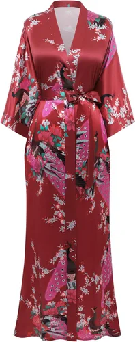 Vista 13 de BABEYOND Bata tipo kimono para mujer, bata larga de satén con estampado de pavo real y flores Verde