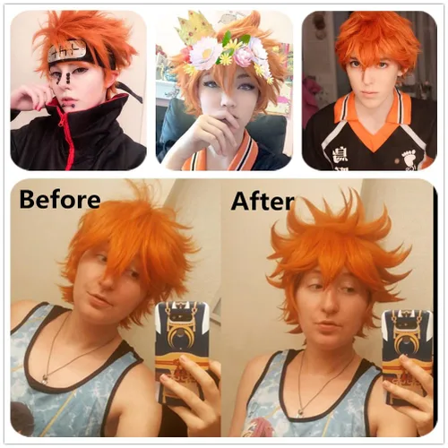 Vista 5 de Peluca corta de pelo sintético para hombre, color naranja