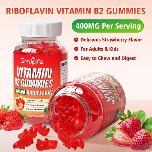 Vista 6 de Gomitas de vitamina B2, riboflavina de 400 mg con magnesio para niños y adultos, gomitas B2 para alivio de la migraña y apoyo energético, sabor a