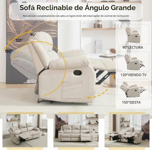 Vista 7 de Sofá reclinable de piel sintética de 3 plazas, color beige