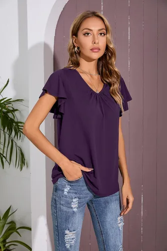 Vista 4 de Iandroiy Blusa plisada básica con cuello en V y volantes para mujer