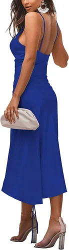 Vista 2 de LYANER - Vestidos de satén para mujer, con tirantes delgados y cuello desbocado, largo por debajo de la rodilla, diseño sexi, fruncido para cóctel
