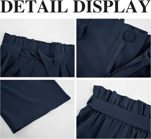 Vista 3 de Pantalones casuales de pierna ancha para mujer, con lazo elástico, cintura alta, botones, para el trabajo, negocios, pantalones largos
